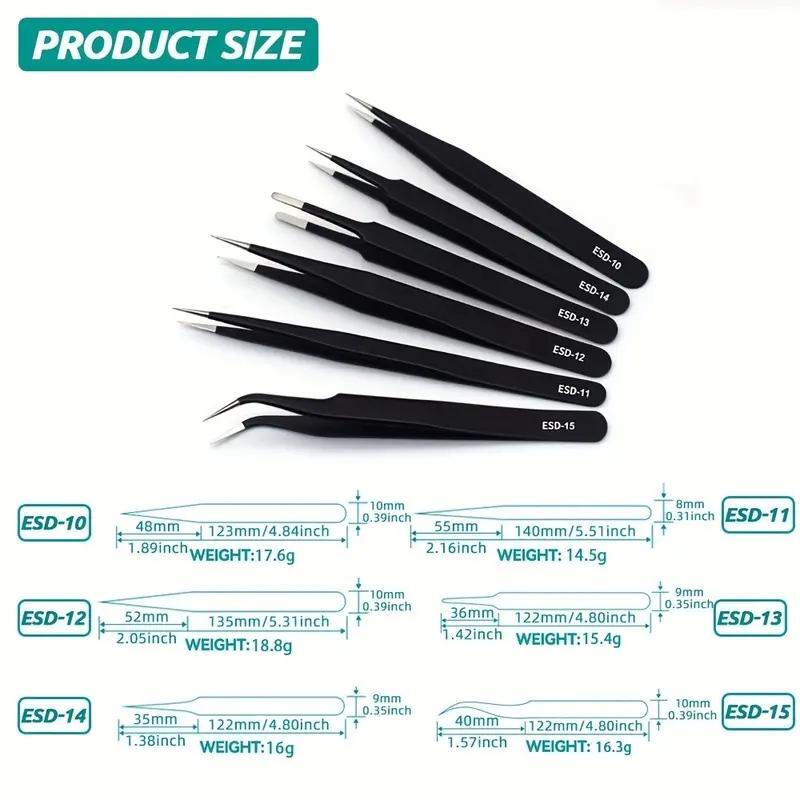 Electronics Repair Tool - ชุดแหนบยาวความแม่นยำสูง 6 ชิ้น ป้องกันไฟฟ้าสถิตย์ ทำจากสแตนเลส สำหรับงานซ่อมอิเล็กทรอนิกส์